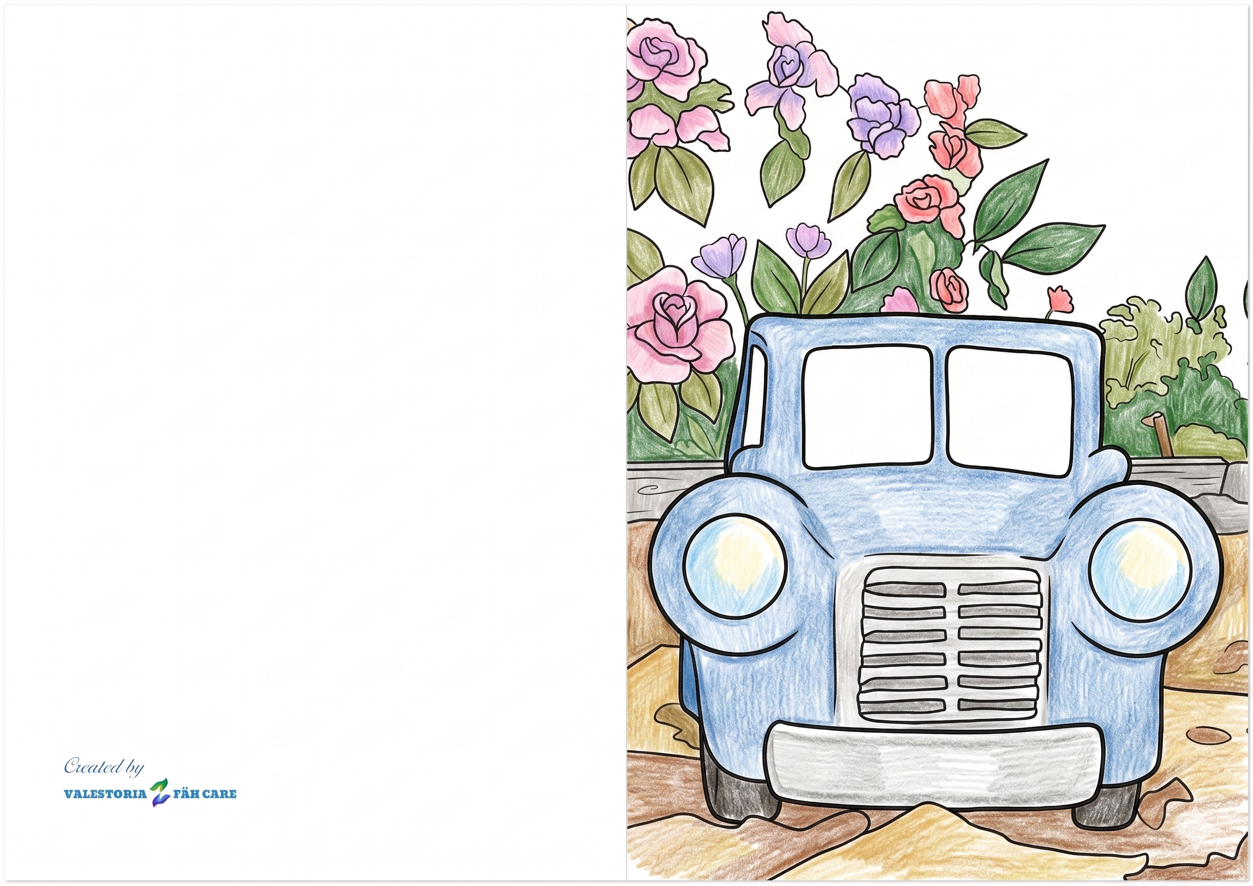 Dieselbe Faltkarte, farbig ausgemalt – blaues Auto, rosa Rosen

La même carte pliée, coloriée – voiture bleue, roses roses