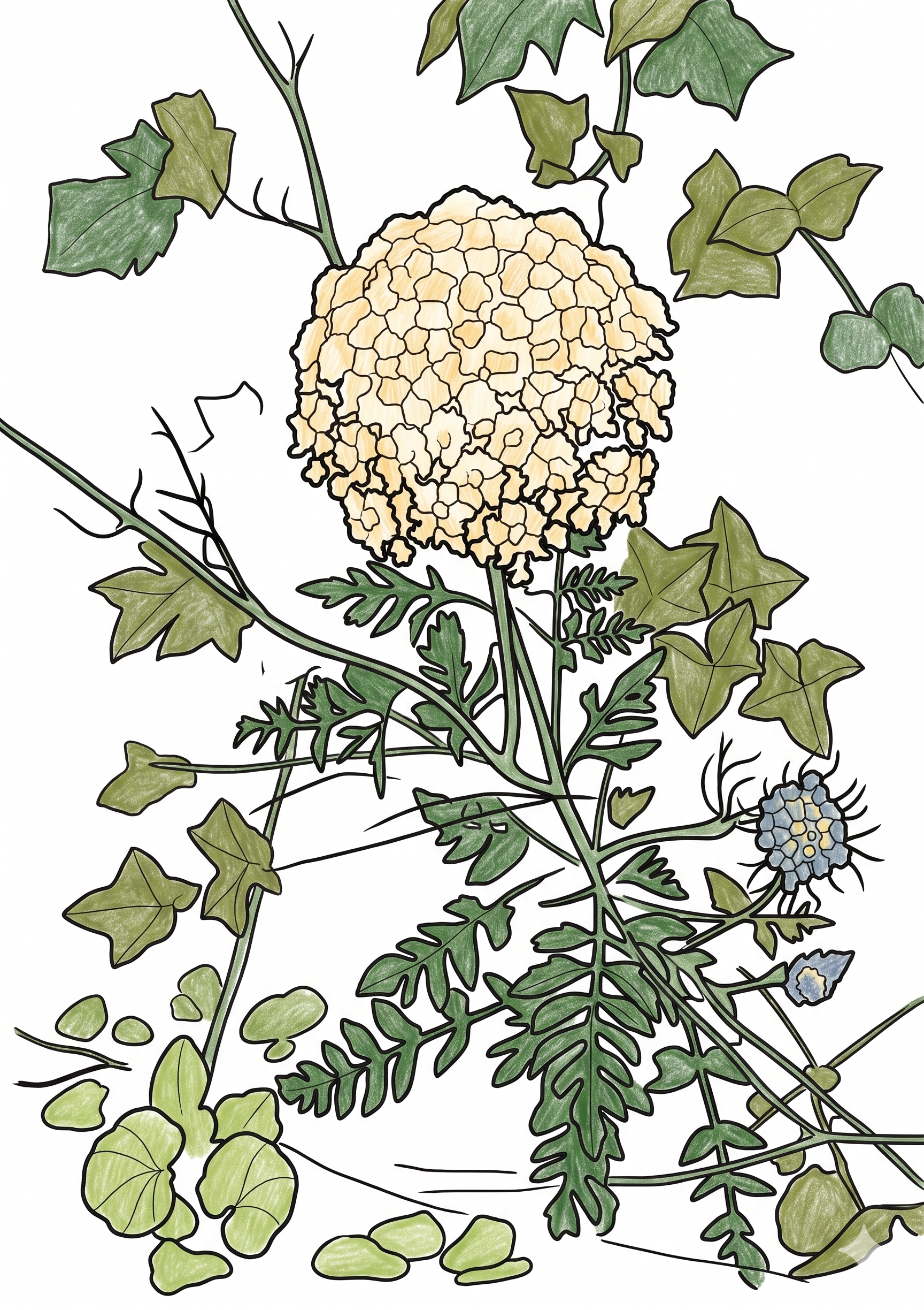 Dieselbe Wiesenblume als Strichzeichnung, farbig ausgemalt

La même fleur des champs en dessin au trait, colorié