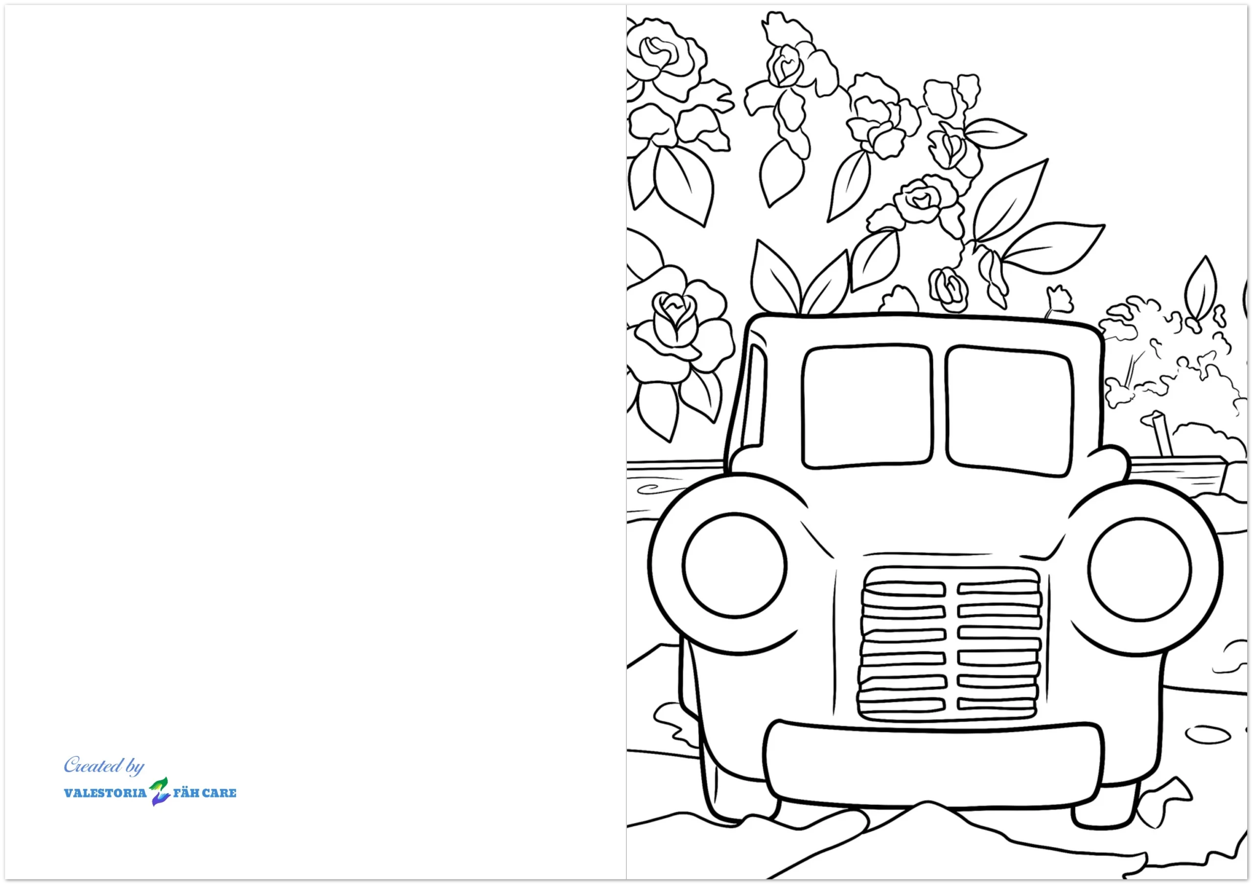 Faltkarte mit einem Modellauto im Garten zwischen Rosen, als Strichzeichnung zum Ausmalen

Carte pliée avec une voiture miniature au jardin parmi des roses, dessin au trait à colorier
